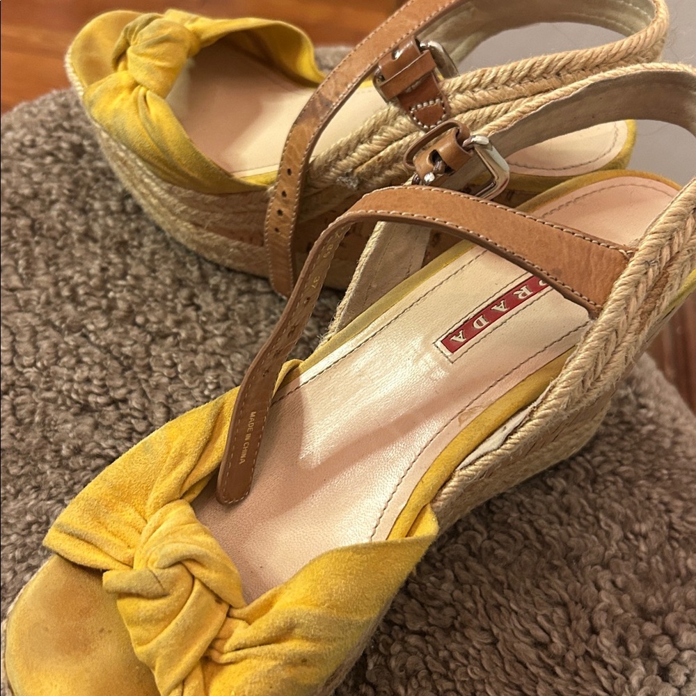 Prada Yellow Suedeand Tan Espadrille Sandals - Picture 3 of 4